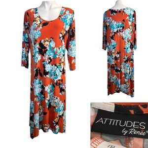 Attitudes by Renee Regular Como Jersey 3/4 Sleeve Dress 2XP rustic blooms orange
